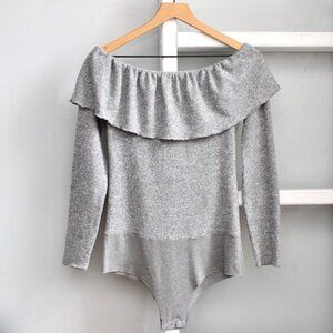 Zara W&B Collection Gray Across the Shoulders Ruffle Bodysuit Size Medium​
